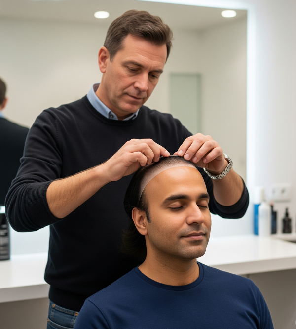 a picture in which a technician while putting hair wig to a bald indian man